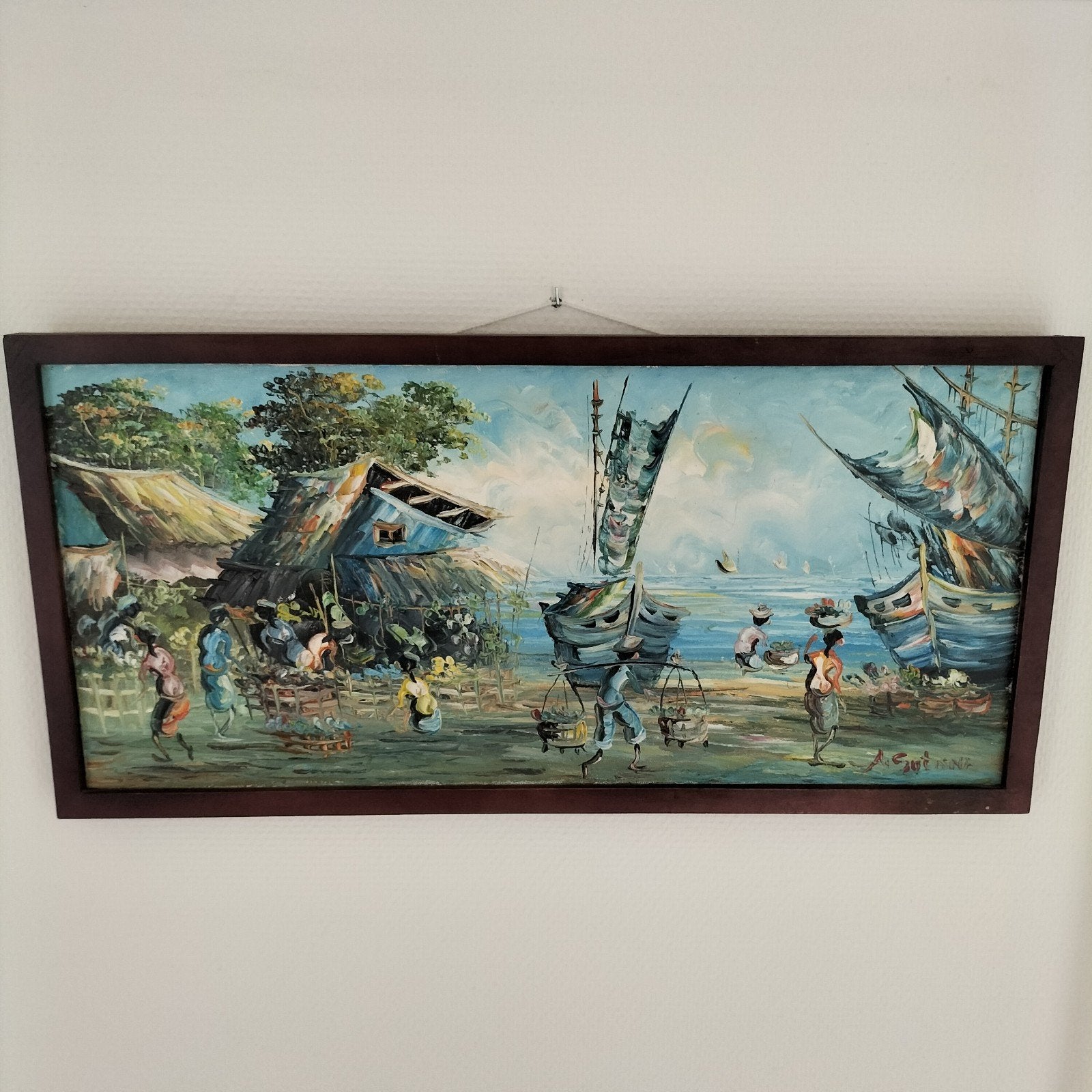 Tropisch dorpsgezicht met boten en figuren, olieverf, Antiek en Kunst, Ophalen of Verzenden, Olieverf