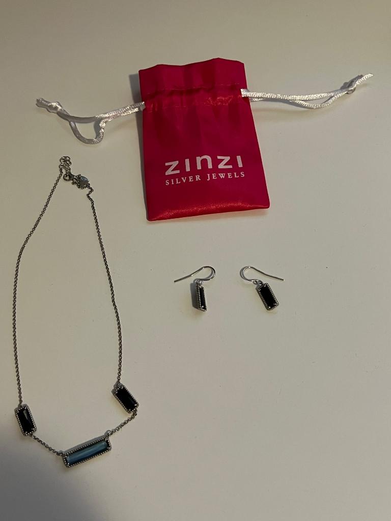 ZINZI Silver Jewels ketting + oorbellen zwart/blauw zgan, Ophalen of Verzenden, Zo goed als nieuw, Blauw, Zilver