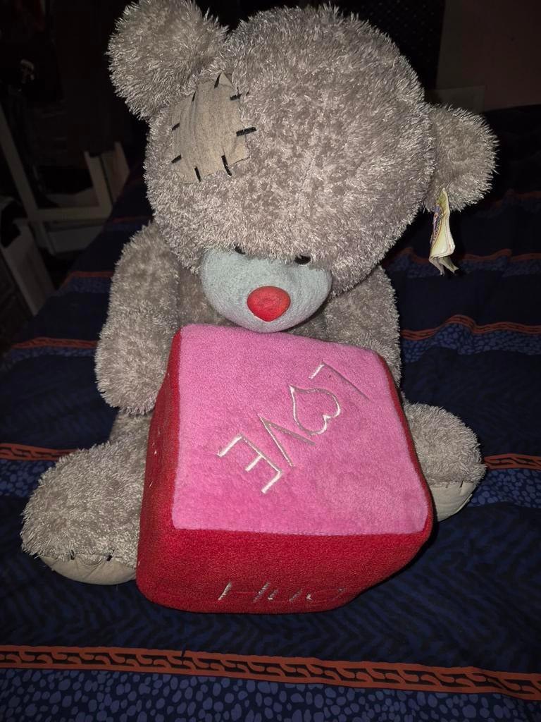 Teddy knuffel met 'LOVE' blok Grote knuffelbeer XL nieuw, Overige merken, Overige karakters, Beer, Grijs