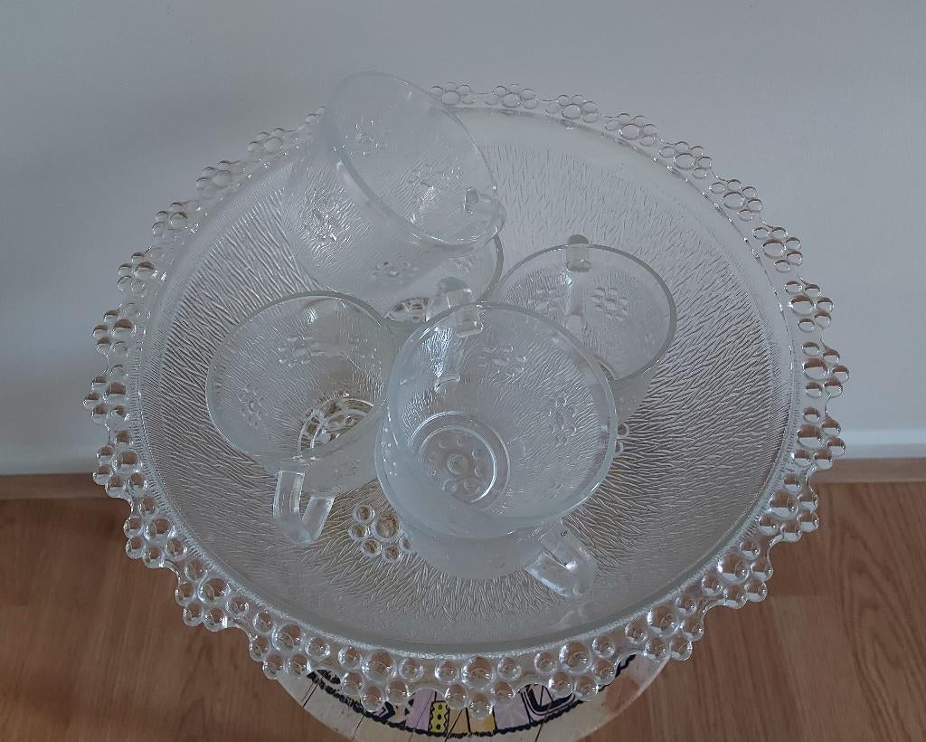 Vintage helder glazen punch bowl met 6 kopjes, Huis en Inrichting, Overige typen, Ophalen of Verzenden, Zo goed als nieuw, Glas
