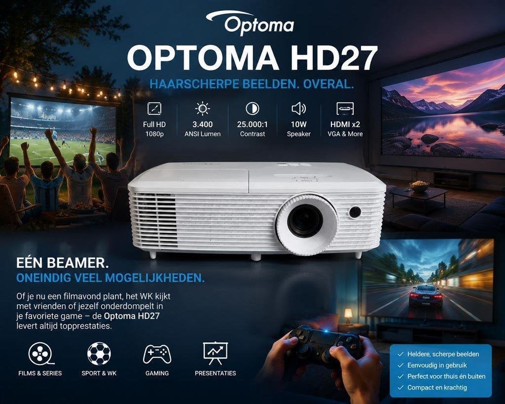 Optoma H27 Beamer/FullHD//25000:1 contrast/WK actie!, Audio, Tv en Foto, Beamers, Ophalen of Verzenden, Zo goed als nieuw