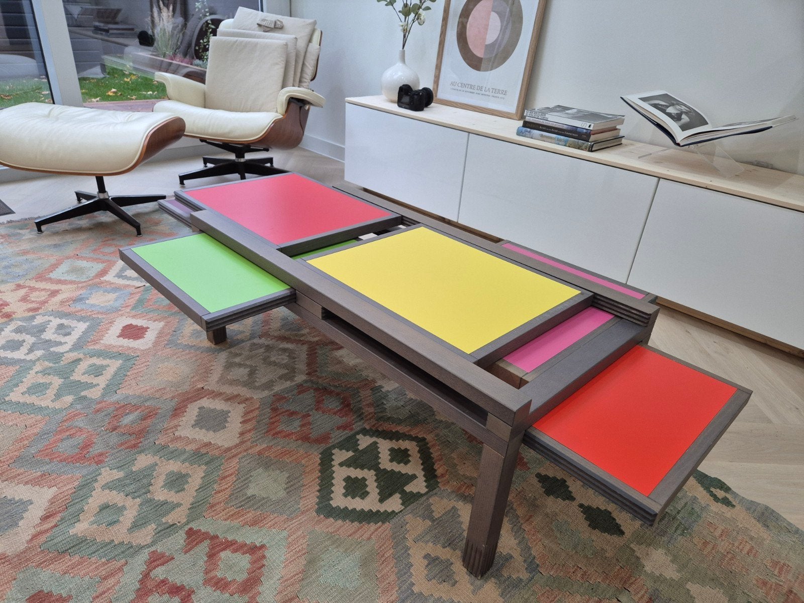 Unieke salontafel met uitschuifbare bladen, Huis en Inrichting, Ophalen of Verzenden, Zo goed als nieuw, Modern, Speels, Functioneel