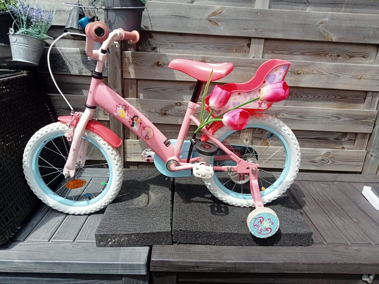 Disney Princess kinderfiets 16 inch met zijwieltjes, Ophalen, Velgrem, 16 tot 20 inch, Zijwieltjes
