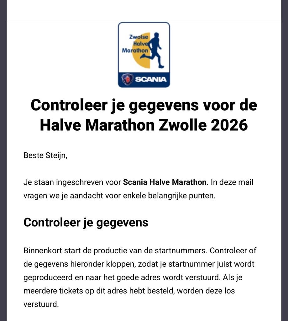 Startbewijs halve marathon Zwolle 13 juni 2026, Eén persoon, Juni