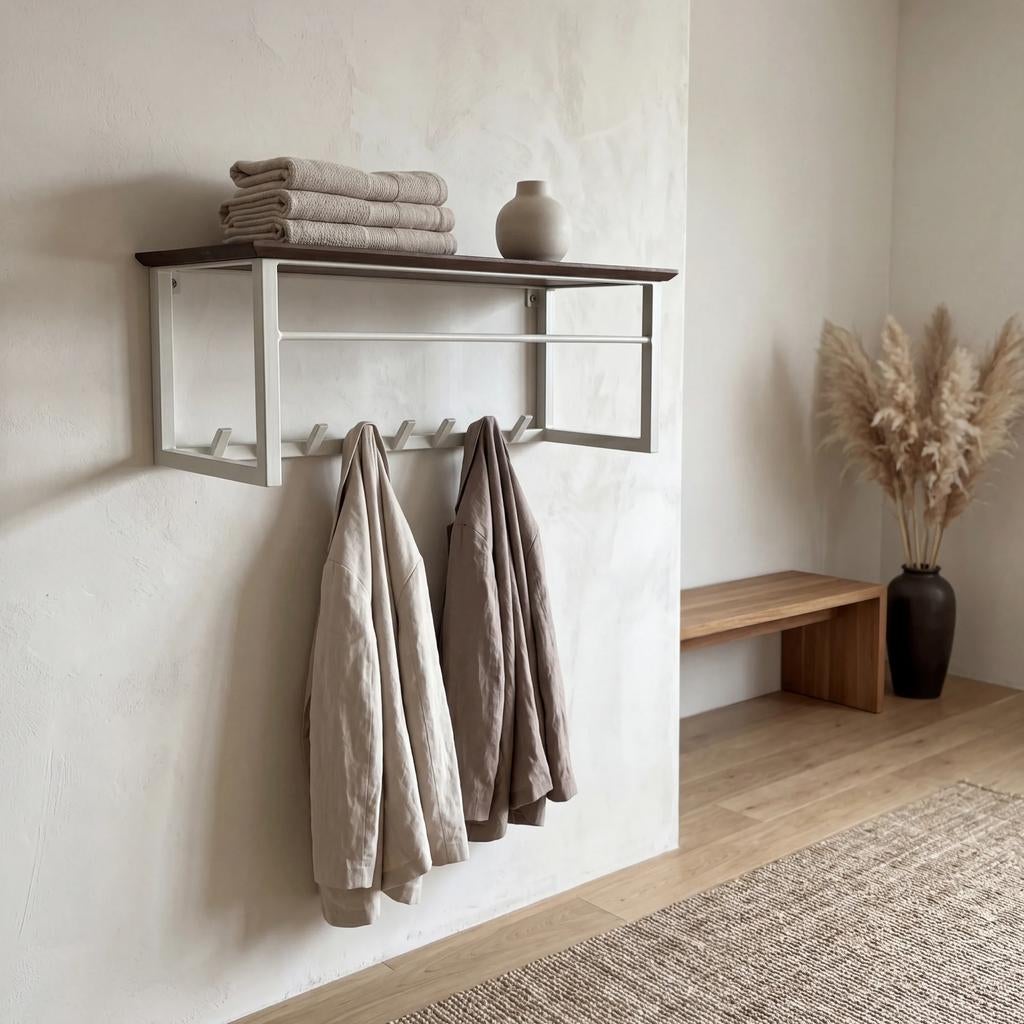 Wandkapstok mangohout & metaal met hoedenplank en 7 haken, Huis en Inrichting, Woonaccessoires | Kapstokken, Wandkapstok, ., Nieuw