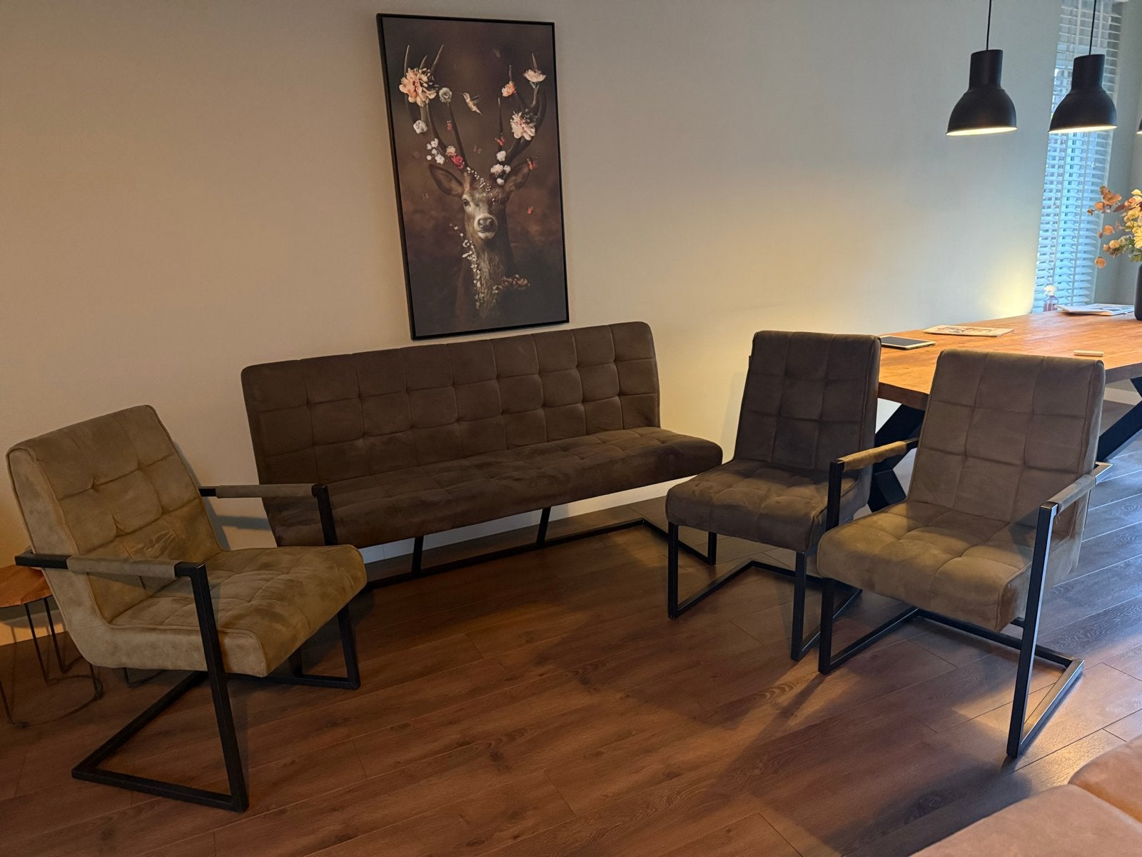 Eetkamerbank en stoelen set - Industrieel design, Ophalen, Gebruikt, Overige kleuren, Drie
