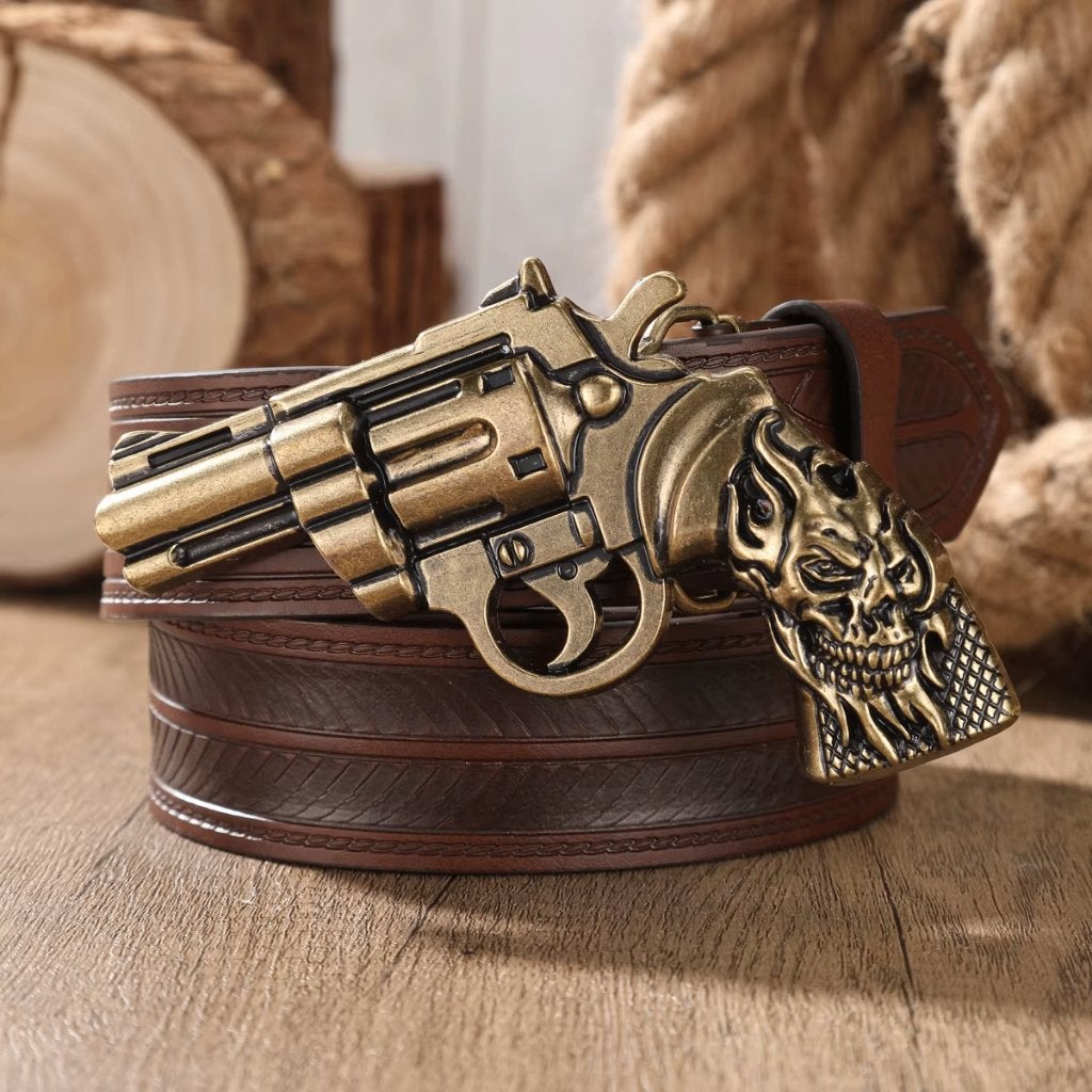 Bruine kunstleren cowboyriem met gouden revolver, Bruin, Verzenden, Nieuw, 115 cm of meer
