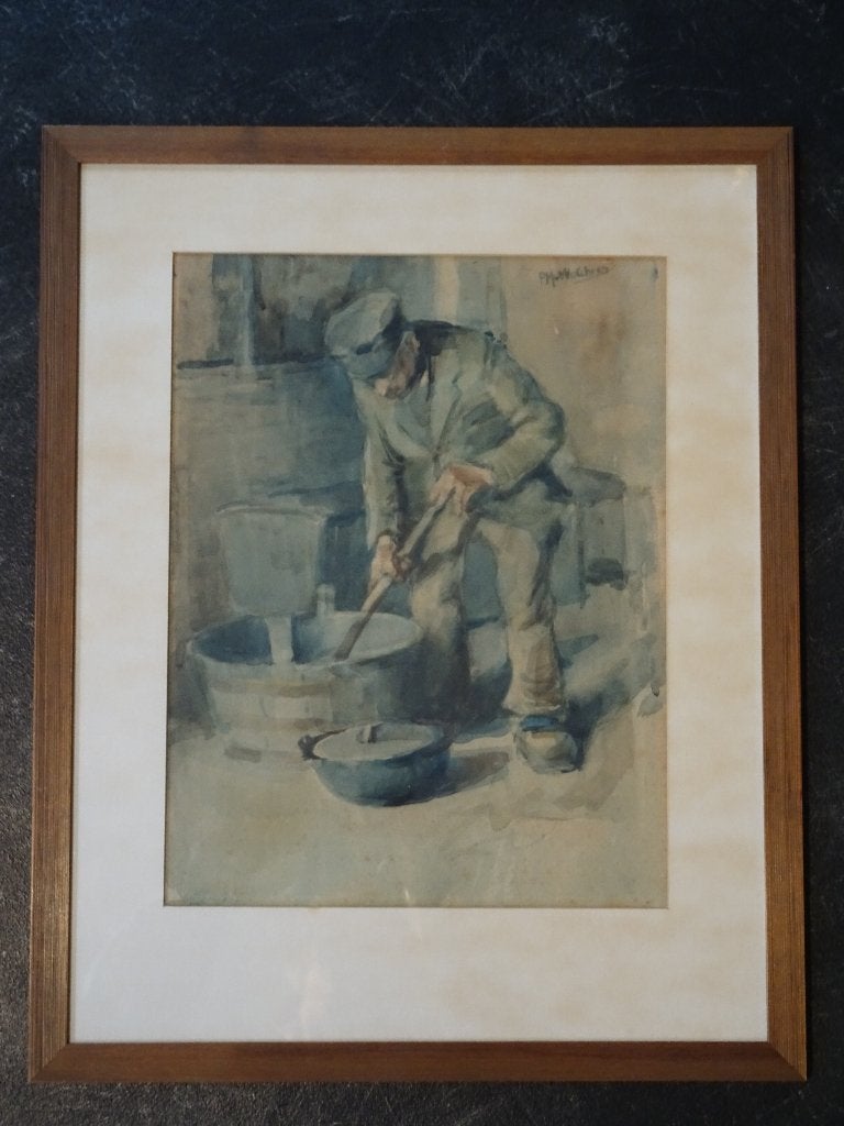aquarel karnende boer bij boerderij, PM van Walcheren 1910, Antiek en Kunst, Kunst | Schilderijen | Klassiek, Verzenden, Portret of Personen