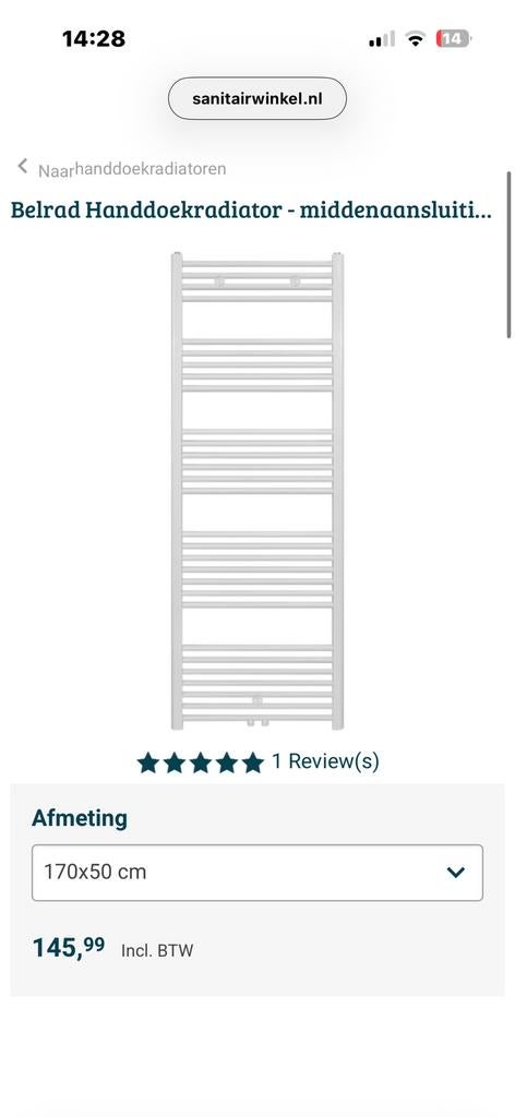 Nieuw Belrad Handdoekradiator Wit 1700x500 Middenaansluiting, Ophalen of Verzenden, Zo goed als nieuw