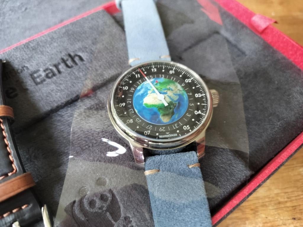 Meistersinger Planet Earth horloge Full-set - Ongedragen!, Overige merken, Leer, Staal, Polshorloge
