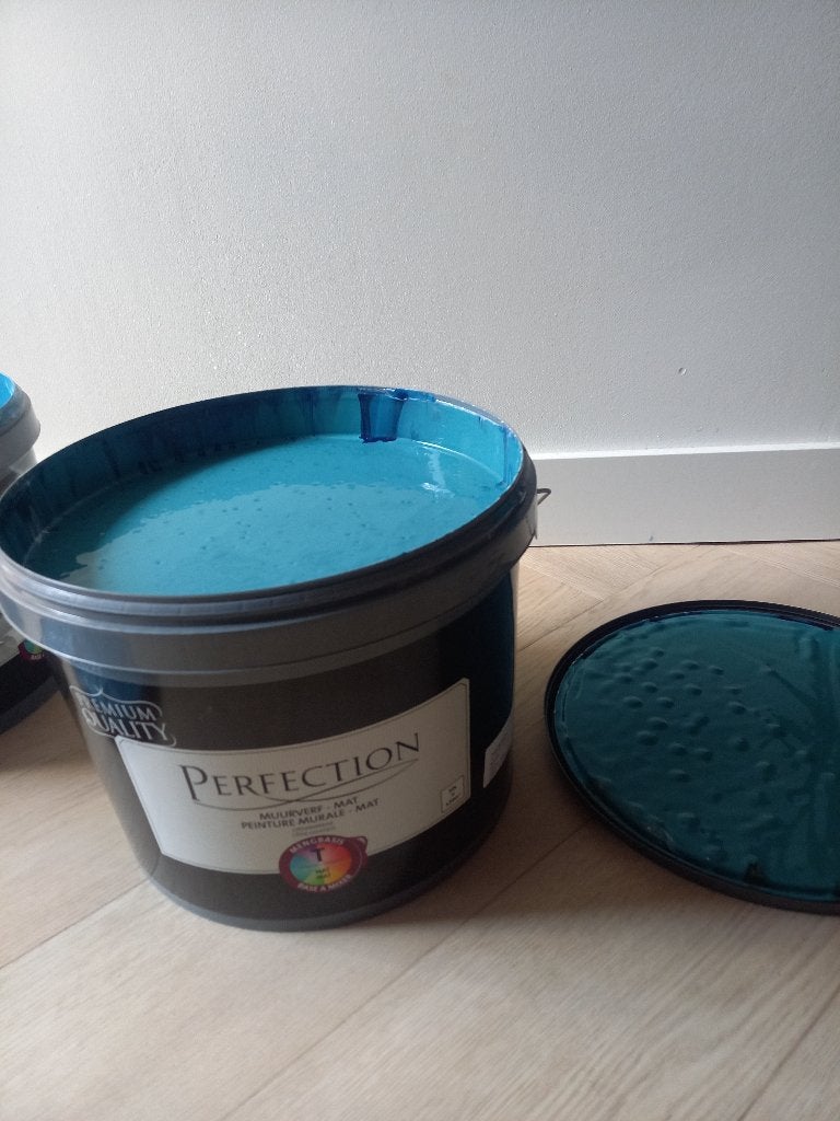 Muurverf 10 liter Perfection turquoise groenblauw petrol, Doe-het-zelf en Verbouw, Verf, Beits en Lak, Ophalen, Blauw, Nieuw, Verf