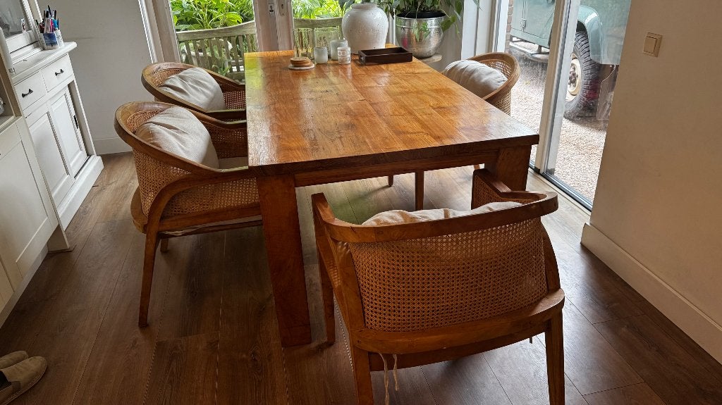 Riante  Teak houten stoelen met rotan, Huis en Inrichting, Ophalen, Zo goed als nieuw, Landelijk, 4 tot 6 stoelen