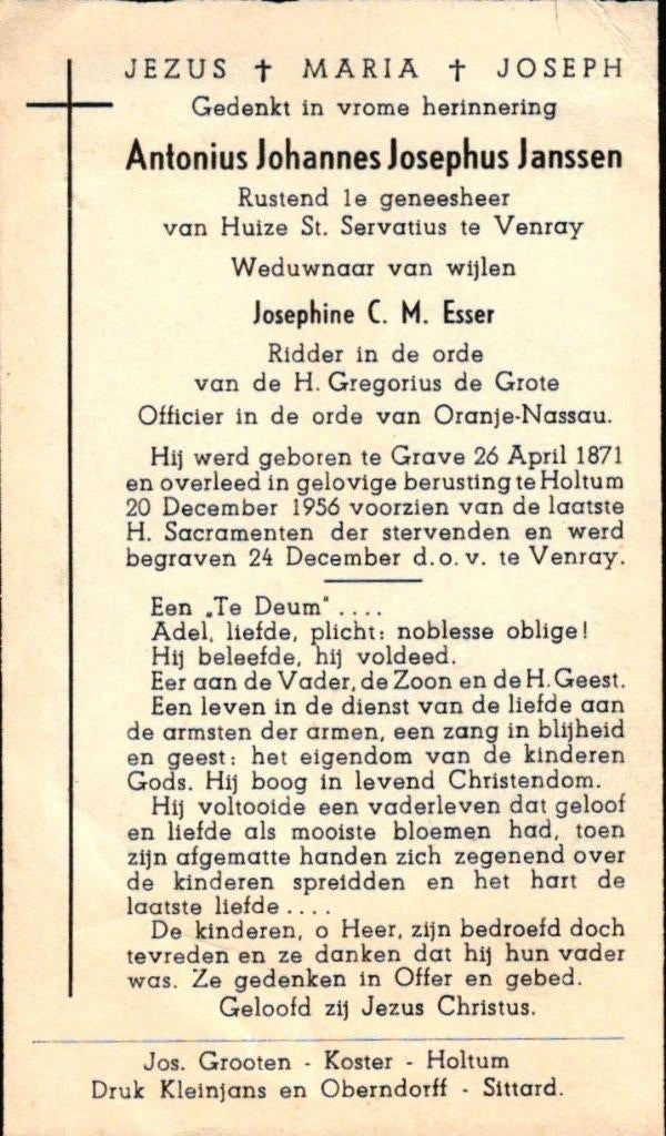 Janssen Antonius Johannes Jos. Grave 1871-1956 Venray, Ophalen of Verzenden