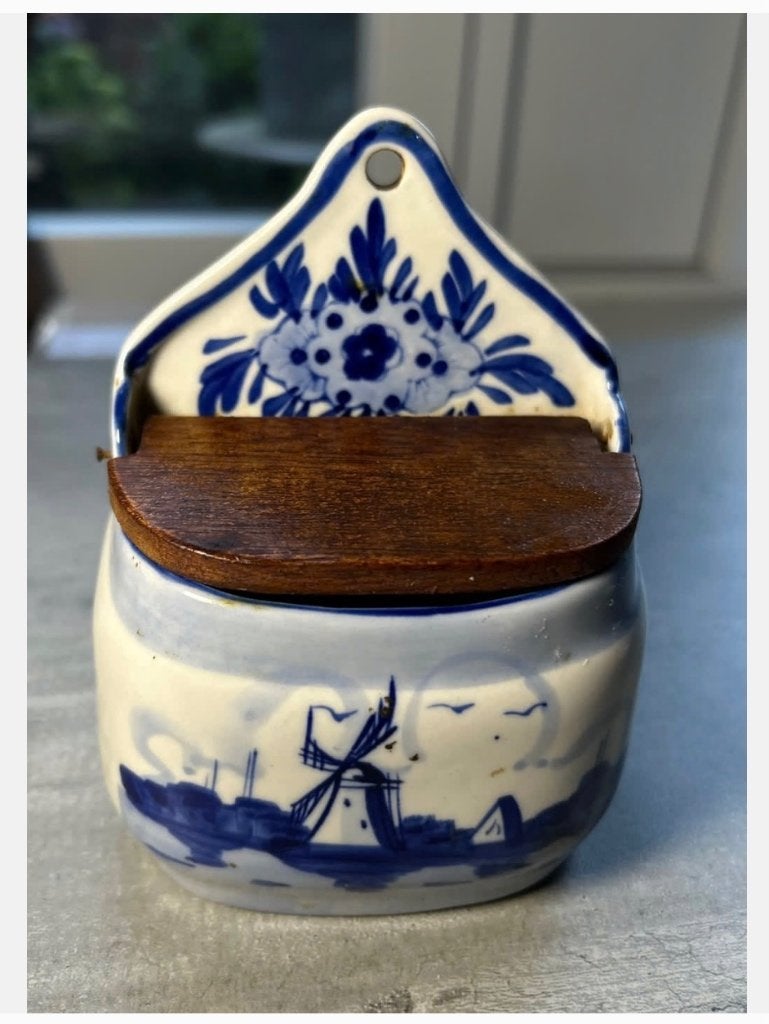 Antiek Delfts blauw zout wand pot, porselein hout, Ophalen of Verzenden