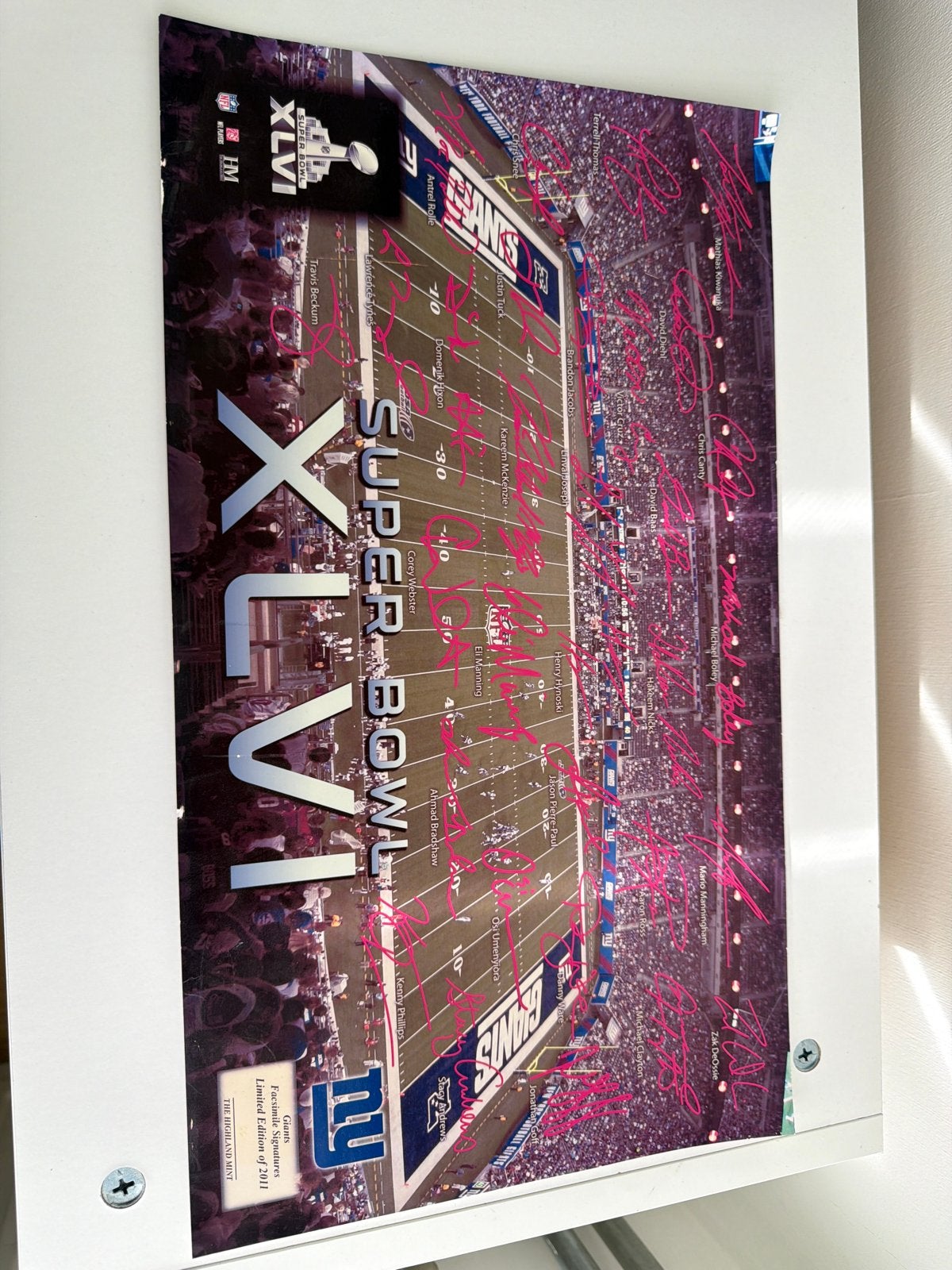 Super Bowl XLVI Giants Facsimile Signatures Poster, Ophalen of Verzenden, Zo goed als nieuw, Overige sporten, Poster, Plaatje of Sticker