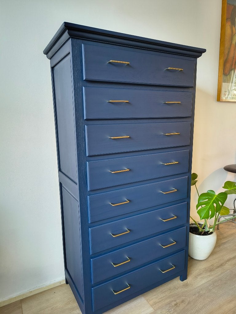 Massief Eiken Ladenkast – Dark blue & Gold, 5 laden of meer, 100 tot 150 cm, Zo goed als nieuw, Hotel Chic