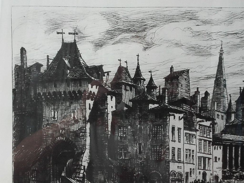 Mooie originele oude ingelijste litho door Drevet 61 cm., Met glas, Ophalen, Landschappen, Lithografie