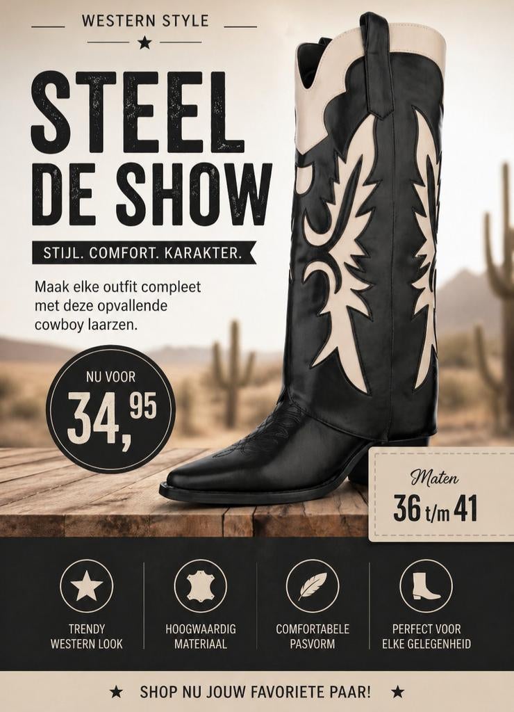 Opvallende Western Cowboy Laarzen - Zwart/Beige, Hoge laarzen, Zwart, Nieuw, Ophalen of Verzenden