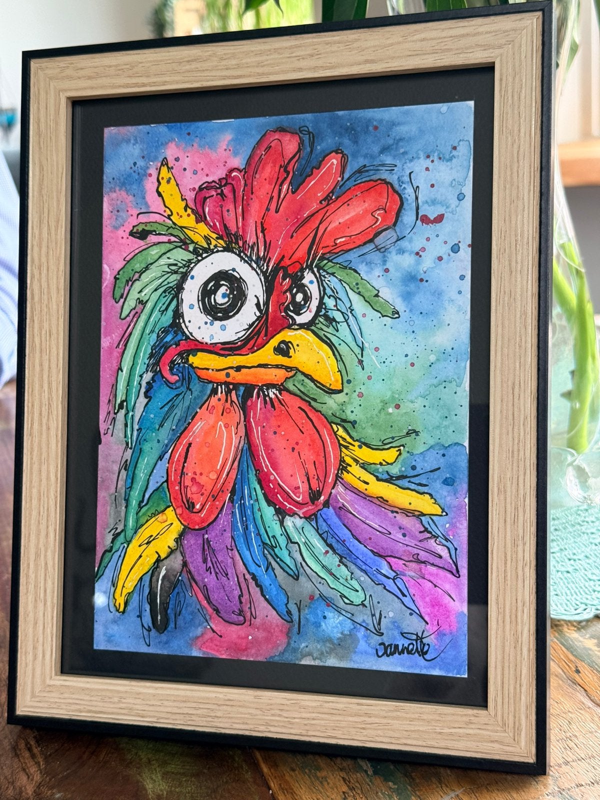 Kleurrijke Haan in lijst aquarel, Verzenden