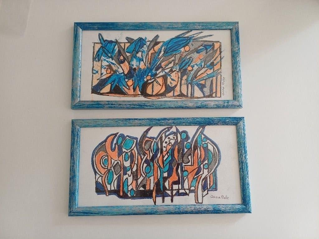 Twee unieke, handgeschilderde abstracte kunstwerken, Ophalen of Verzenden, Gebruikt, Minder dan 50 cm, Schilderij