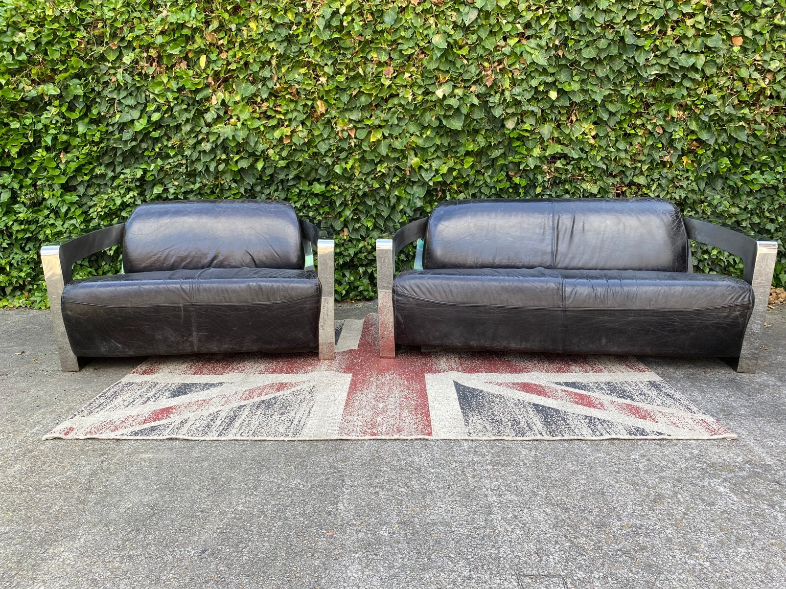 Stoere industriële Aviator zwart generfde leren 3+2 zits !!, Huis en Inrichting, Banken | Bankstellen, Gebruikt, Rechte bank, Overige maten