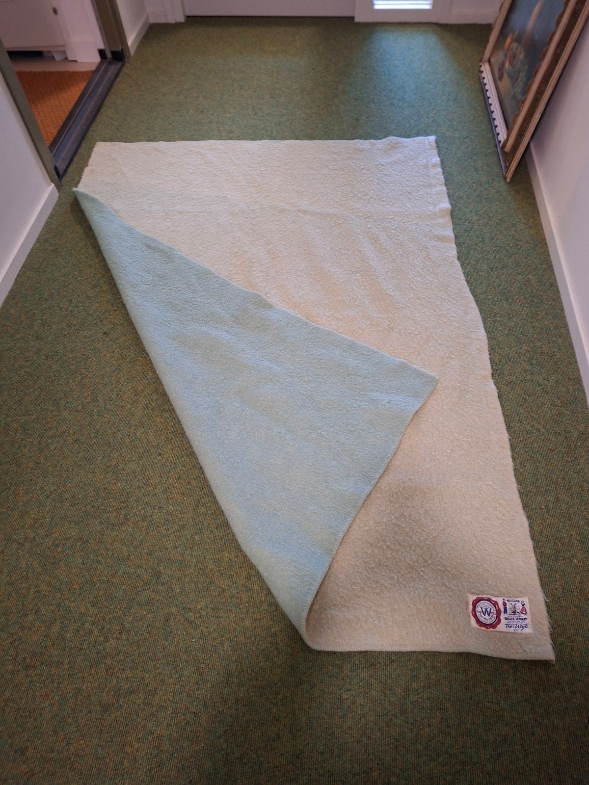 Vintage wollen deken van Wijk Holland, turquoise, Huis en Inrichting, Slaapkamer | Beddengoed, Gebruikt, Ophalen of Verzenden
