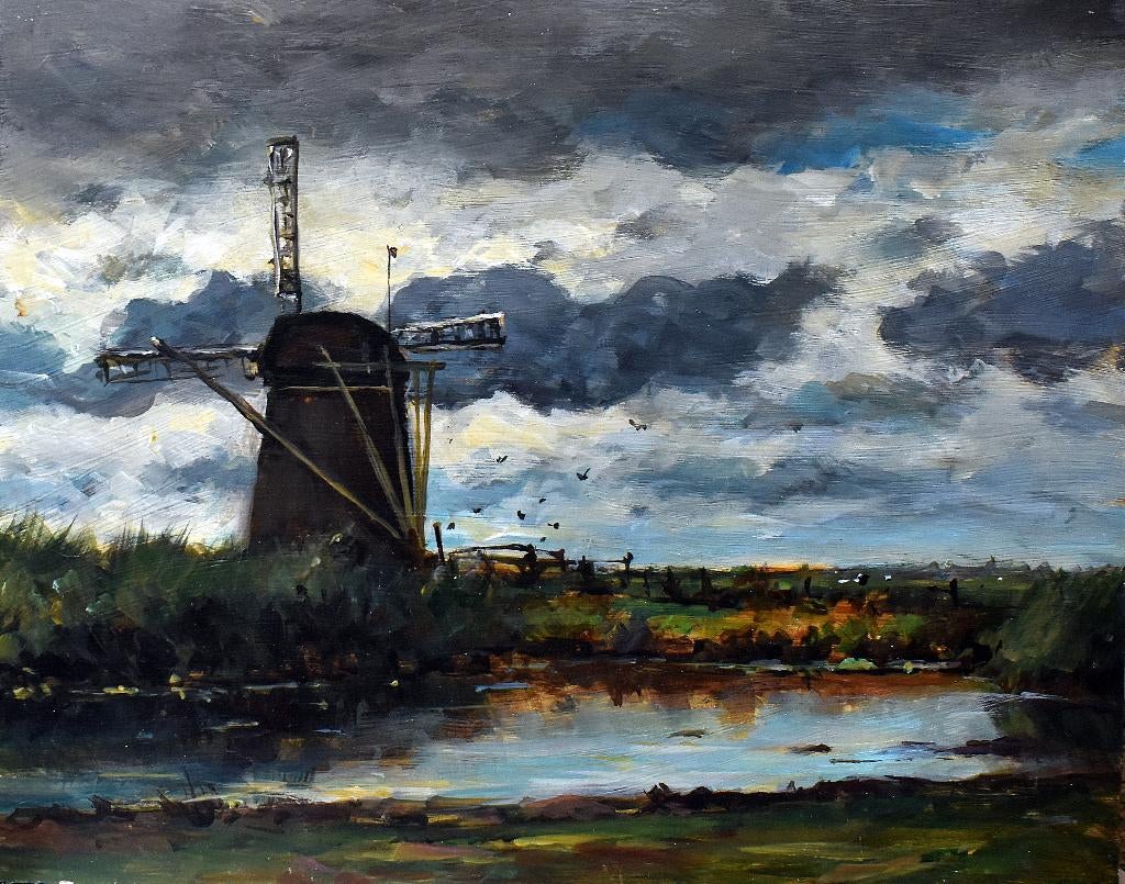 Molen in een polder landschap., Antiek en Kunst, Kunst | Schilderijen | Klassiek, Verzenden