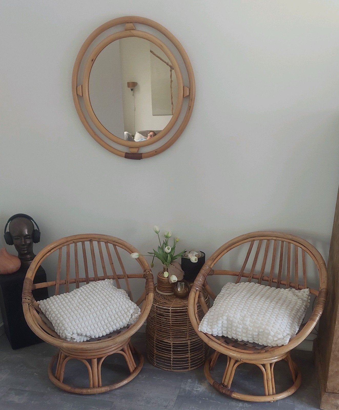 Setje vintage rotan draaistoelen jaren 70 + rotanspiegel, Huis en Inrichting, Ophalen, Gebruikt, Twee, Bruin