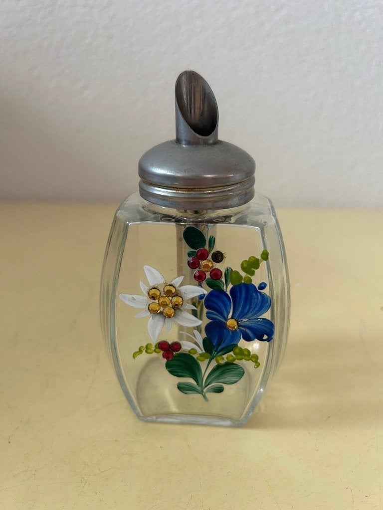 Vintage glazen suikerstrooier met alpenbloemen, Ophalen of Verzenden