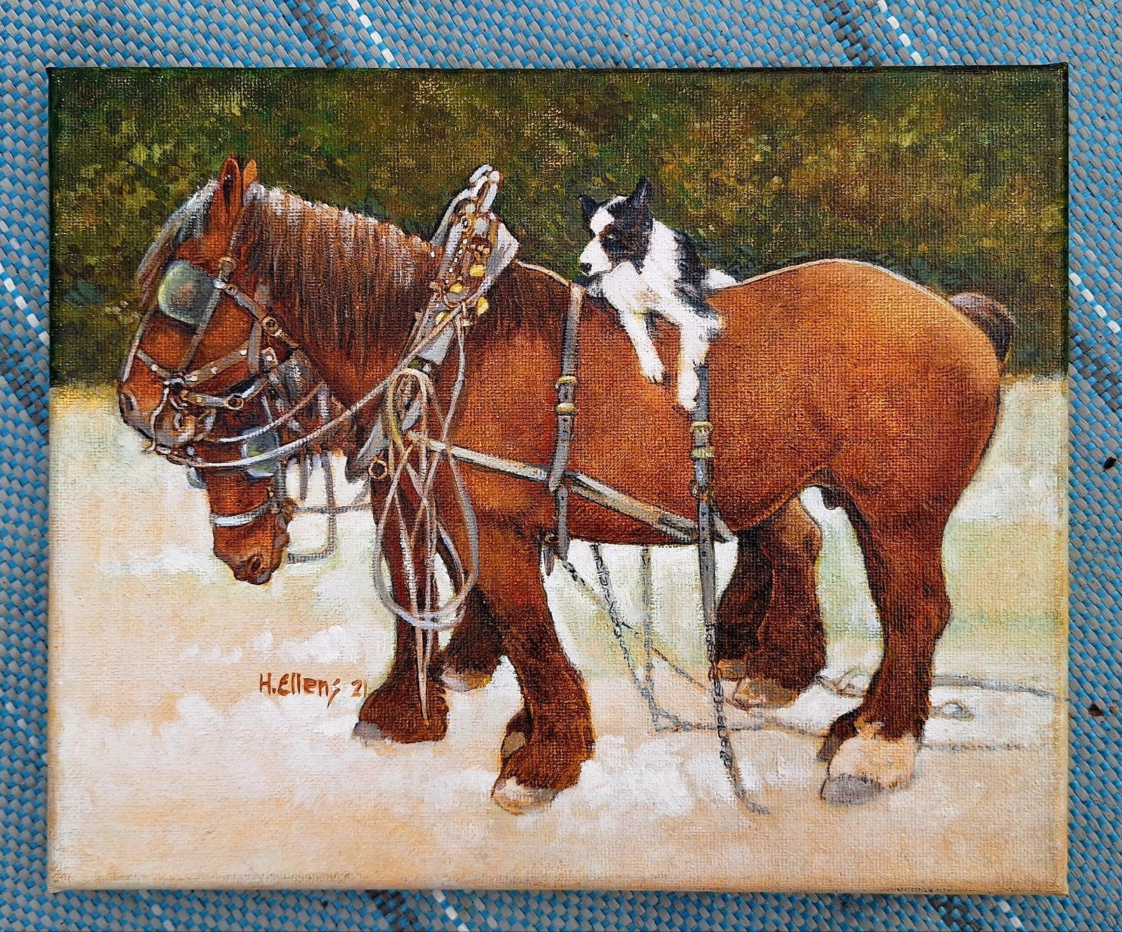 Schilderij van paarden met hondje - H. Ellens, Ophalen of Verzenden