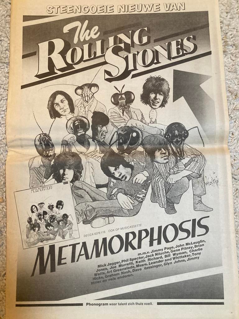 Paginagrote A3 advertentie ROLLING STONES Metamorphosis rele, Ophalen of Verzenden