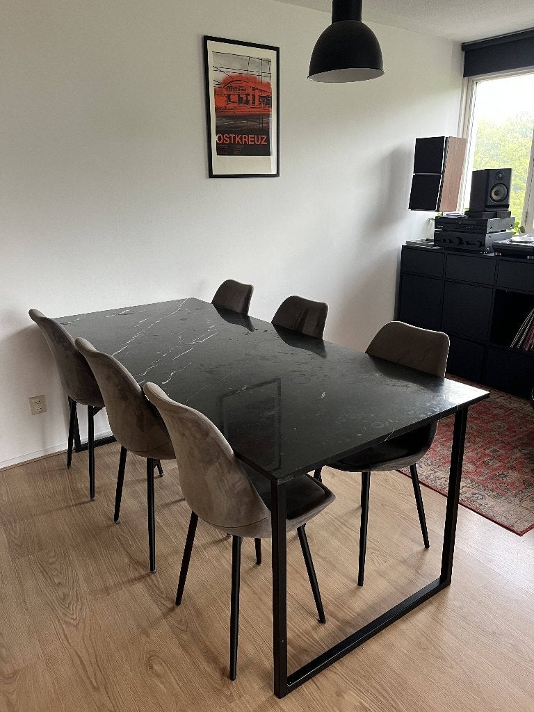 Zwarte Marmeren Eettafel (NIEUW €2000) met 6 Stoelen, Ophalen, Gebruikt, 200 cm of meer, 50 tot 100 cm