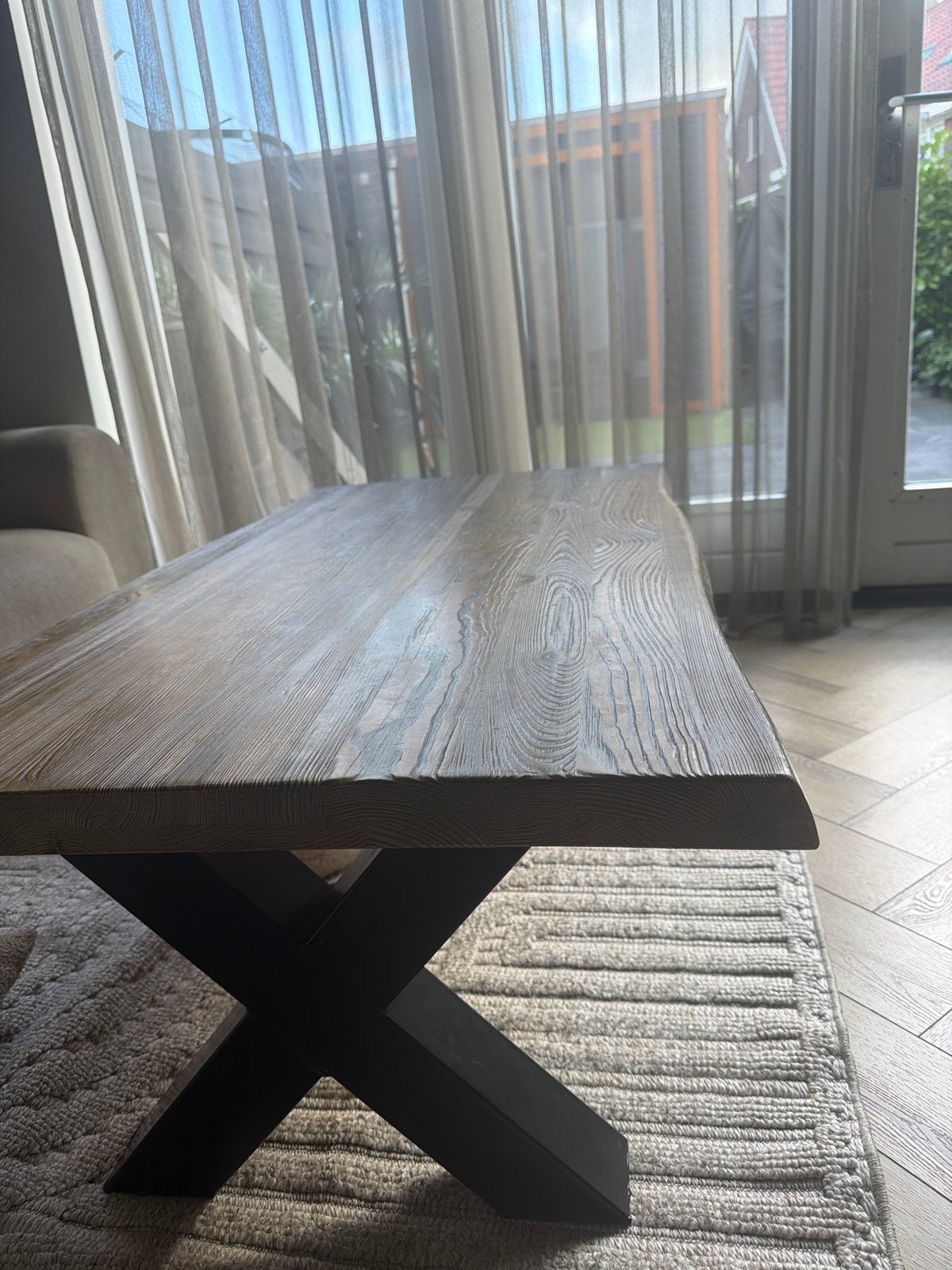 Boomstam eettafel en salontafel met steigerhouten poten, Ophalen, 50 tot 100 cm, Zo goed als nieuw, 150 tot 200 cm