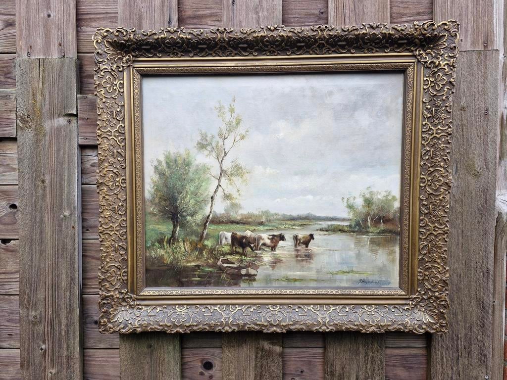 Mooi antiek schilderij van j hoogerwaard doek goede staat, Ophalen of Verzenden