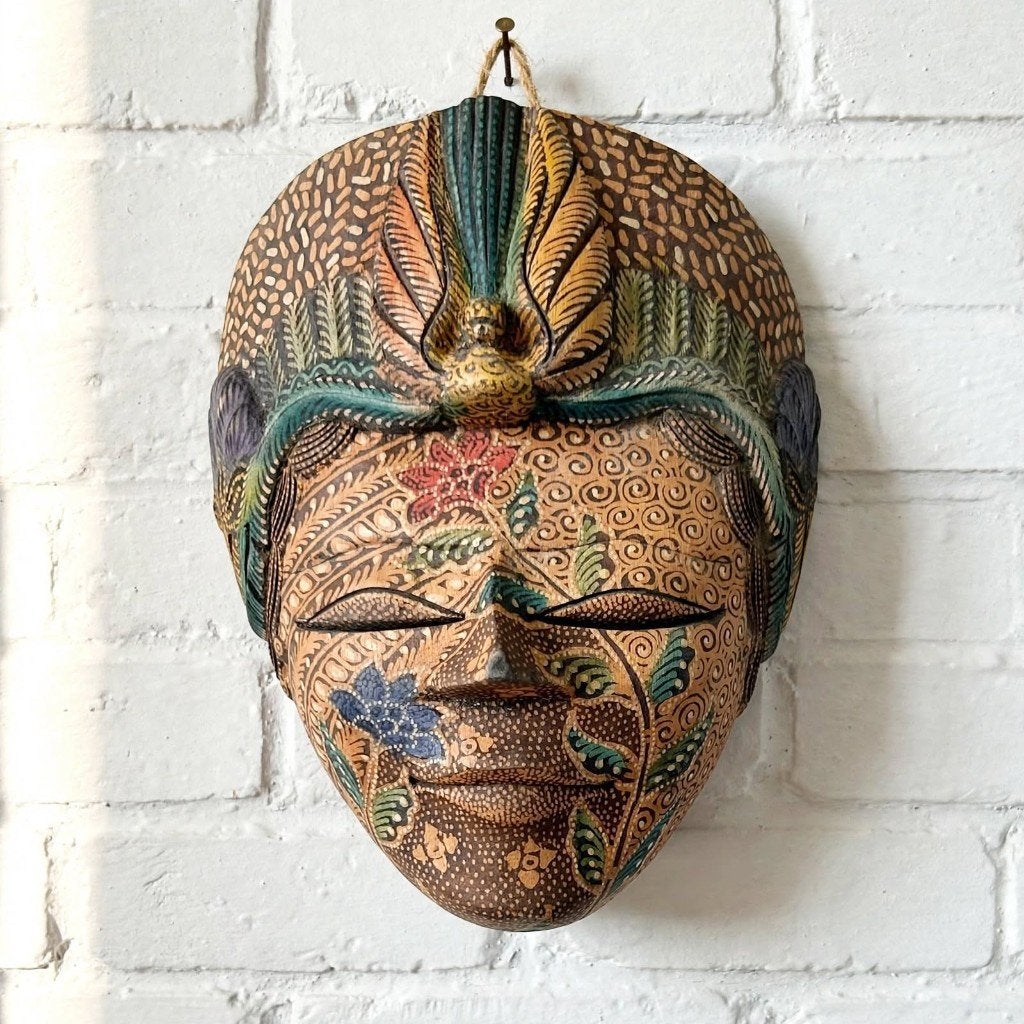 Vintage Houten Batik Topeng Masker Java - 17 cm, Hout, Masker, 17 cm, Ophalen of Verzenden