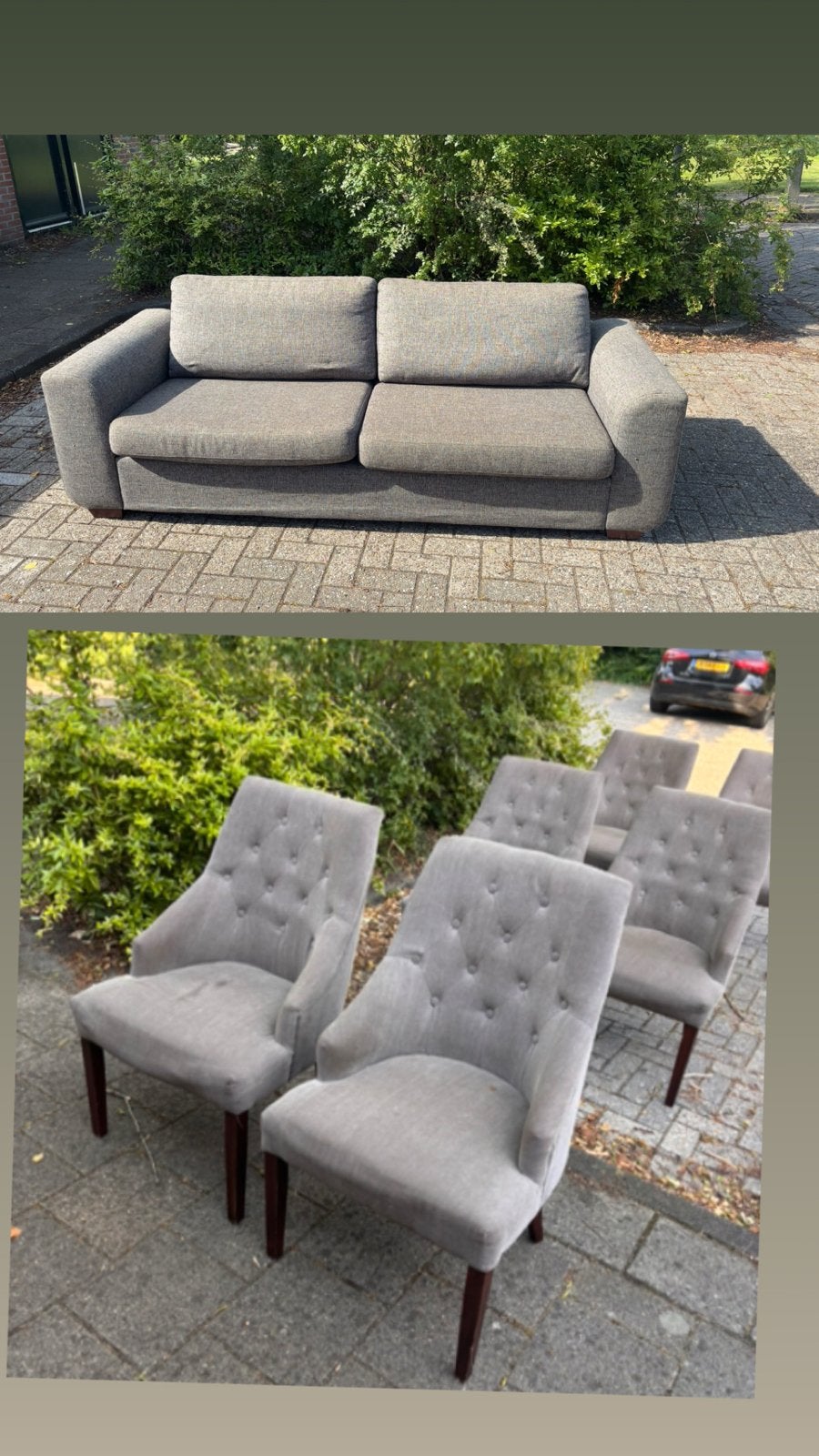 6x Grijze Eetkamerstoelen en 1x 2-zitsbank, Ophalen, Gebruikt, Tweepersoons, 75 tot 100 cm