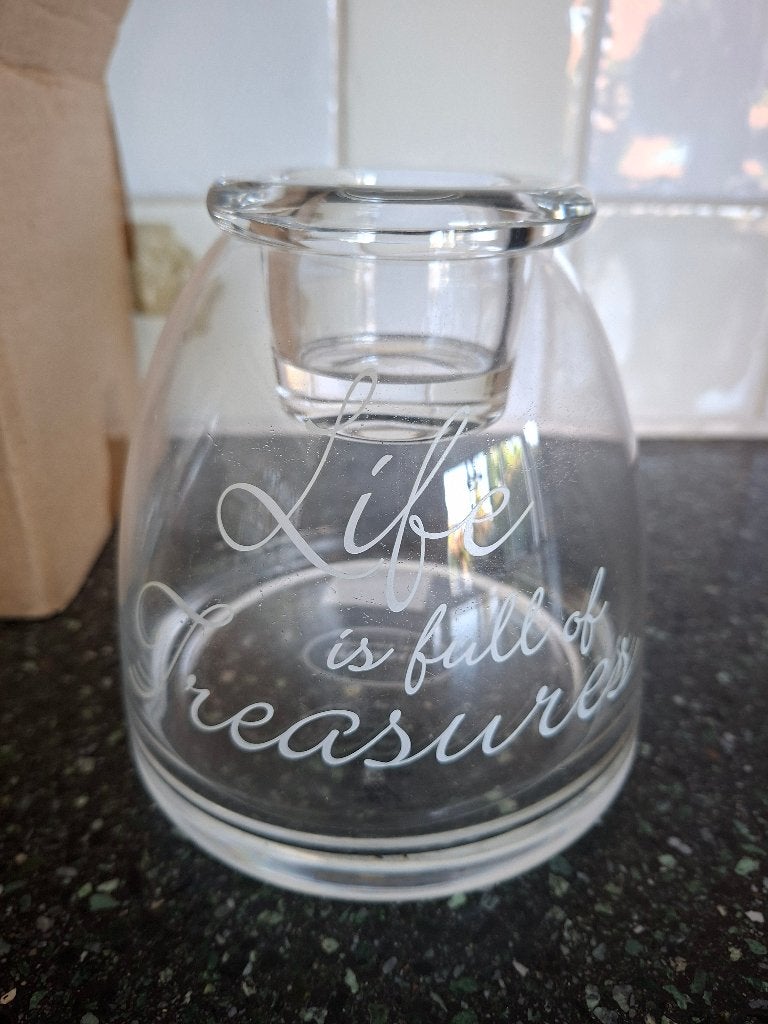 Riverdale glazen windlicht / vaas Life is full of Treasures, Nieuw, Ophalen of Verzenden, Glas, 18 cm