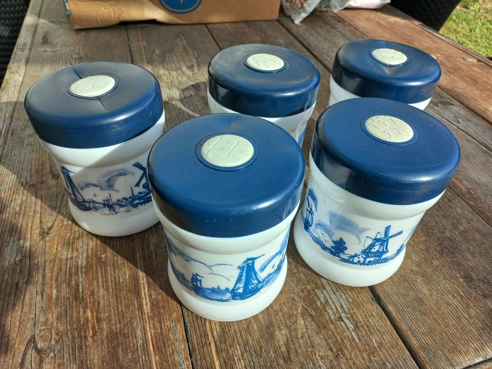 5 Vintage opaline voorraadpotten met Hollands Decor, Ophalen of Verzenden
