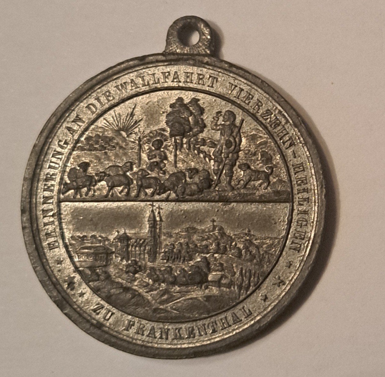 Antieke tinnen bedevaartmedaille Vierzehnheiligen (ca. 1772), Antiek en Kunst, Antiek | Religie, Ophalen of Verzenden