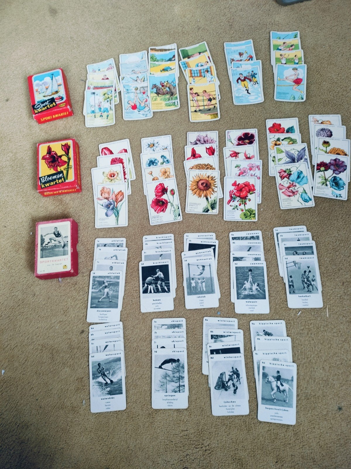 3  maal vintage kwartet, sport en bloemen jaren 60, Verzamelen, Speelkaarten, Jokers en Kwartetten, Ophalen of Verzenden, Gebruikt