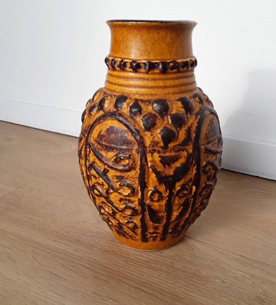 West Germany vaas, Bay, okergeel, 20cm, Gebruikt, Geel, Aardewerk of Porselein, Ophalen of Verzenden