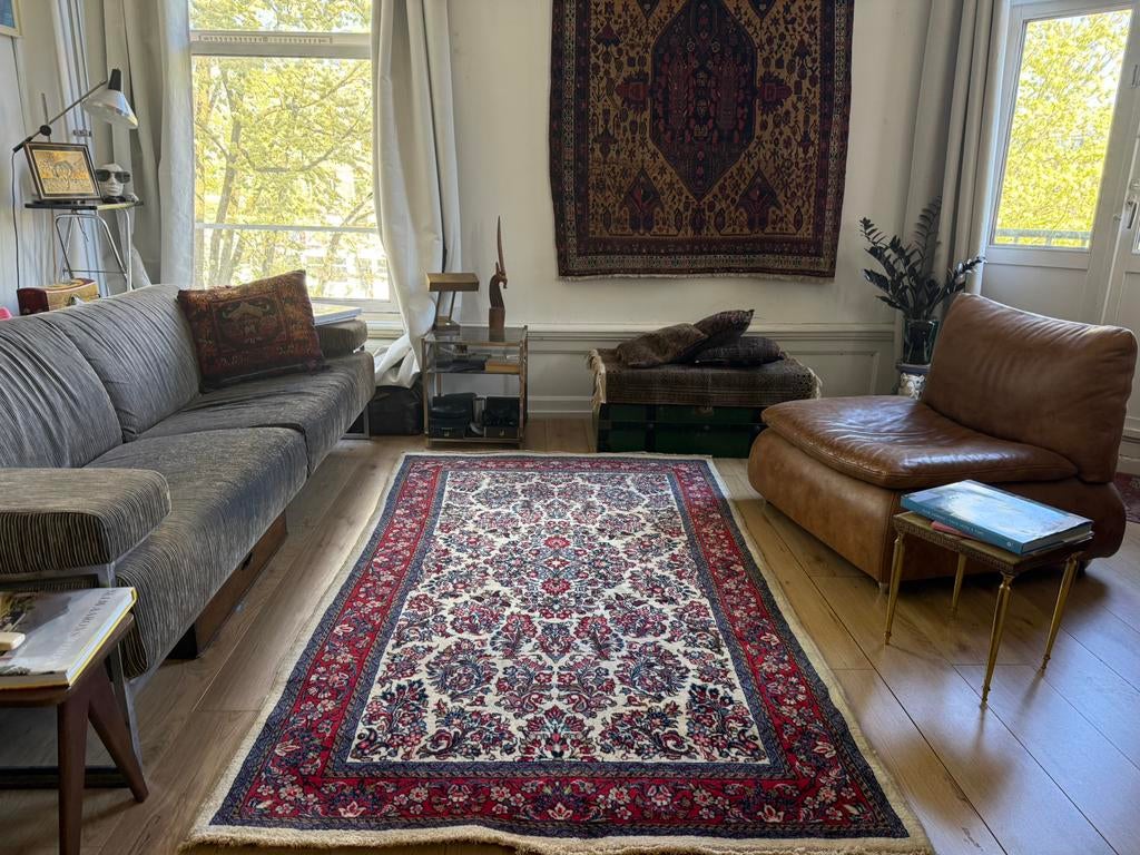 Handgeknoopt vintage perzisch tapijt 218  x131 ivoor rood, Klassiek, bohemian stijl,  mid-century, warm minimalisme, 100 tot 150 cm