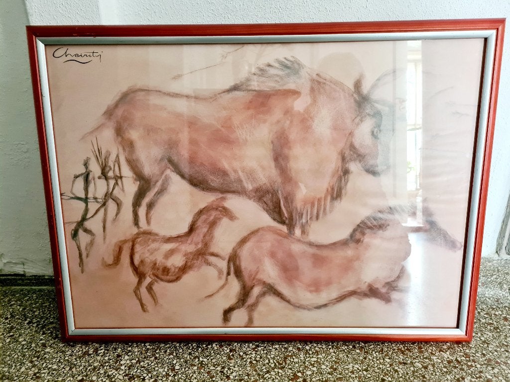 Prehistorische grotschildering poster in grote houten lijst, Ophalen, Gebruikt, Schilderijlijst, 55 cm