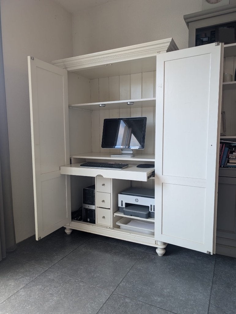 Landelijke witte computerkast / bureaukast met lades, Ophalen, Gebruikt, 70 tot 120 cm, Eikenhout