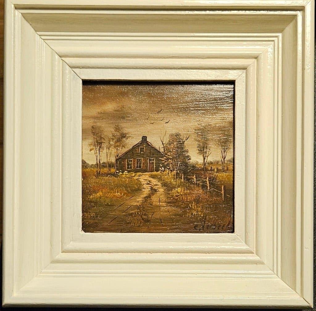 Schilderijtje landschap/boerderij, Antiek en Kunst, Kunst | Schilderijen | Klassiek, Paneel, Ophalen of Verzenden, Landschap, Olieverf