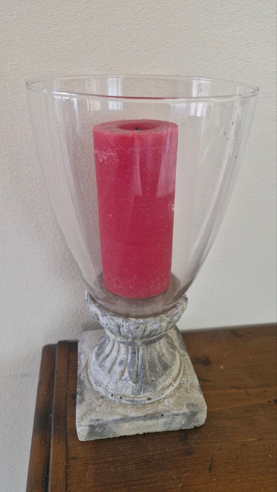Glazen windlicht met stenen voet, 30 cm hoog, Ophalen, Windlicht, Gebruikt, Glas