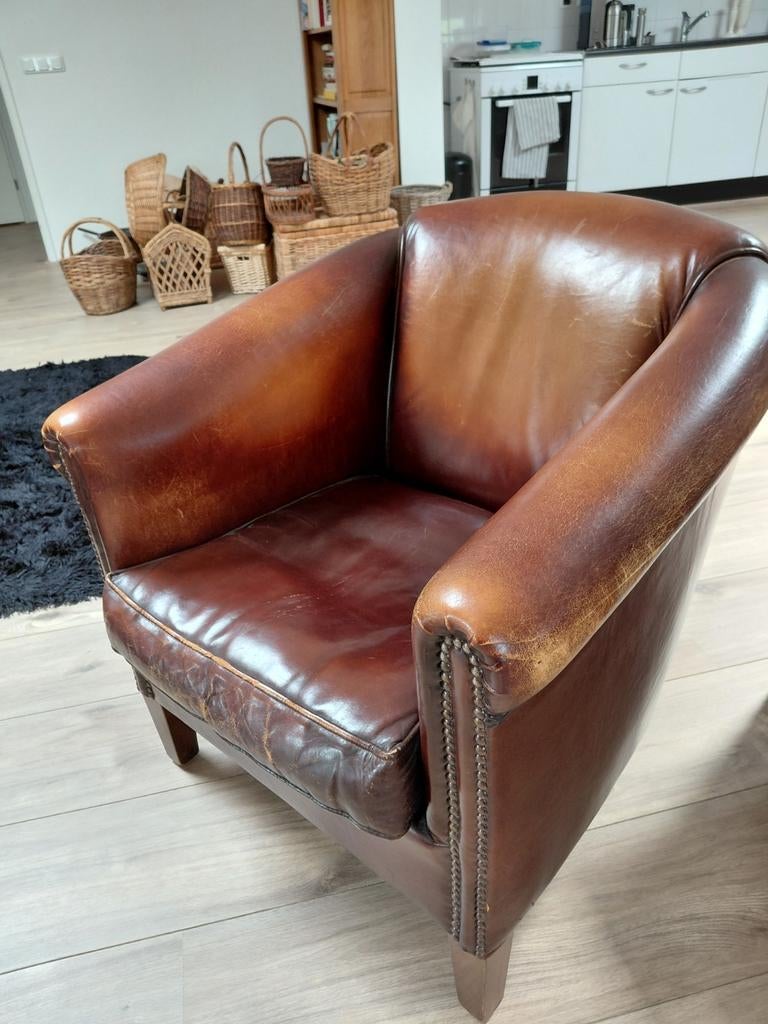 Vintage schaaps Leren Fauteuil - Comfortabele Clubfauteuil, Huis en Inrichting, Fauteuils, Gebruikt, Leer, 75 tot 100 cm, 75 tot 100 cm