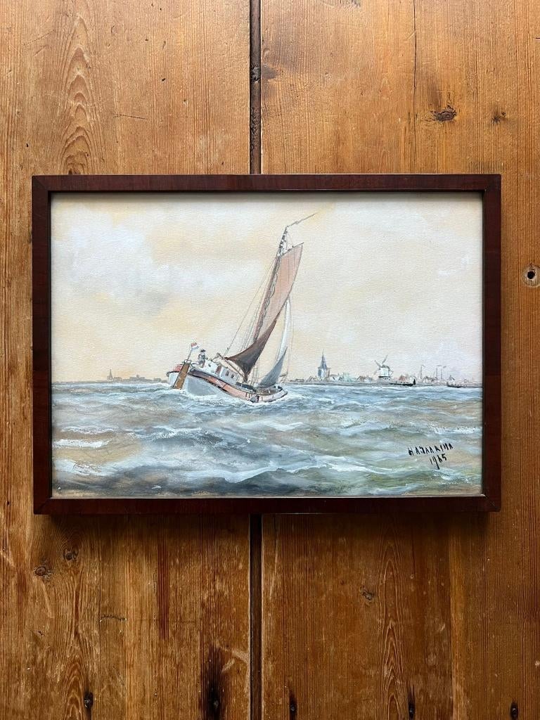 Gesigneerde aquarel H.A. Jaarsma 1965 + boek: Recht door zee, Ophalen of Verzenden