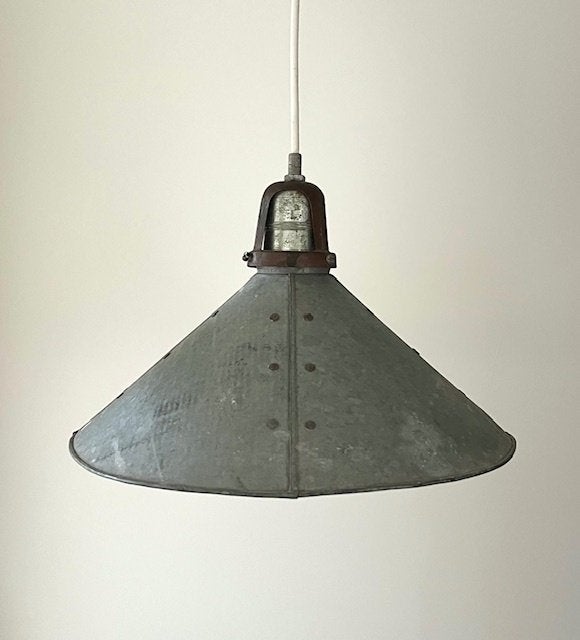 Franse industriële hanglamp zink / aluminium, Ophalen of Verzenden, Gebruikt, Metaal, E14 (klein)