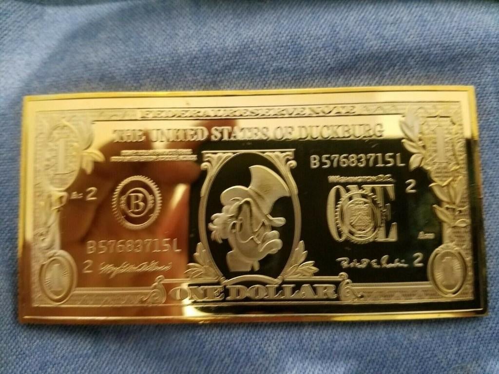Dagobert Duck Gouden 1 Dollar Biljet Baar Walt Disney Vergul, Verzenden, Donald Duck, Zo goed als nieuw, Overige typen